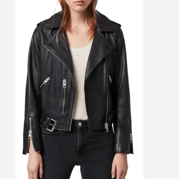 AllSaints Balfern Black Biker Cropped Belted Leather Jacket $528 New Sz 6 - Picture 6 of 16